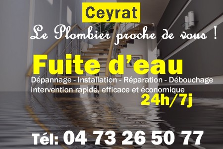 fuite Ceyrat - fuite d'eau Ceyrat - fuite wc Ceyrat - recherche de fuite Ceyrat - détection de fuite Ceyrat - dépannage fuite Ceyrat
