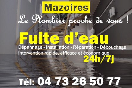 fuite Mazoires - fuite d'eau Mazoires - fuite wc Mazoires - recherche de fuite Mazoires - détection de fuite Mazoires - dépannage fuite Mazoires