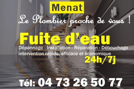 fuite Menat - fuite d'eau Menat - fuite wc Menat - recherche de fuite Menat - détection de fuite Menat - dépannage fuite Menat